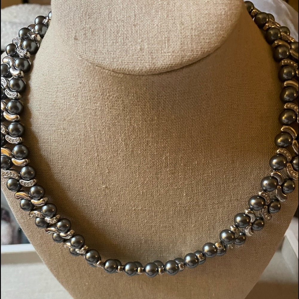 Vintage Pierre Balmain rhodium black pearl Swarovski crystal statement necklace